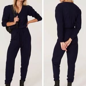 Central Park West Holmes Jumpsuit Medium Blue Fleece Jersey Knit V-Neck Ruffle